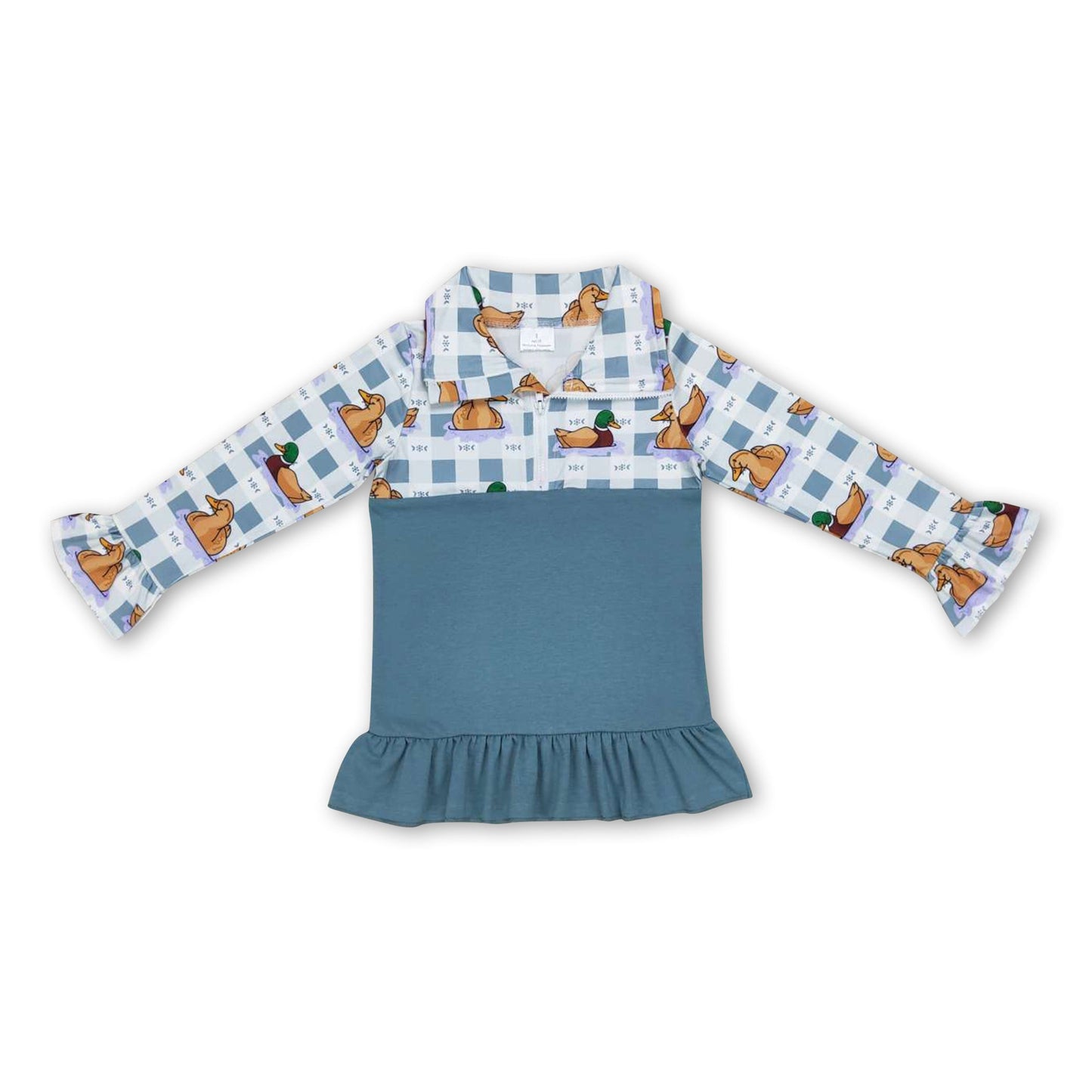 Langärmeliger karierter Enten-Rüschen-Reißverschluss-Pullover für Mädchen