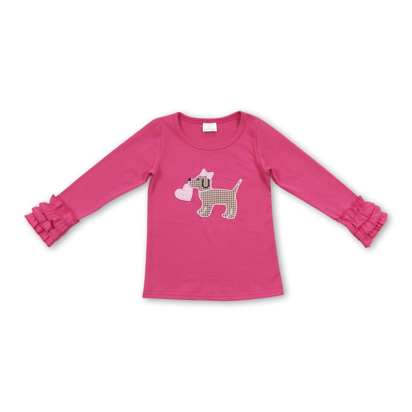 Heißrosafarbenes Hundeherz-Valentinstagsshirt für Mädchen mit Rüschenärmeln