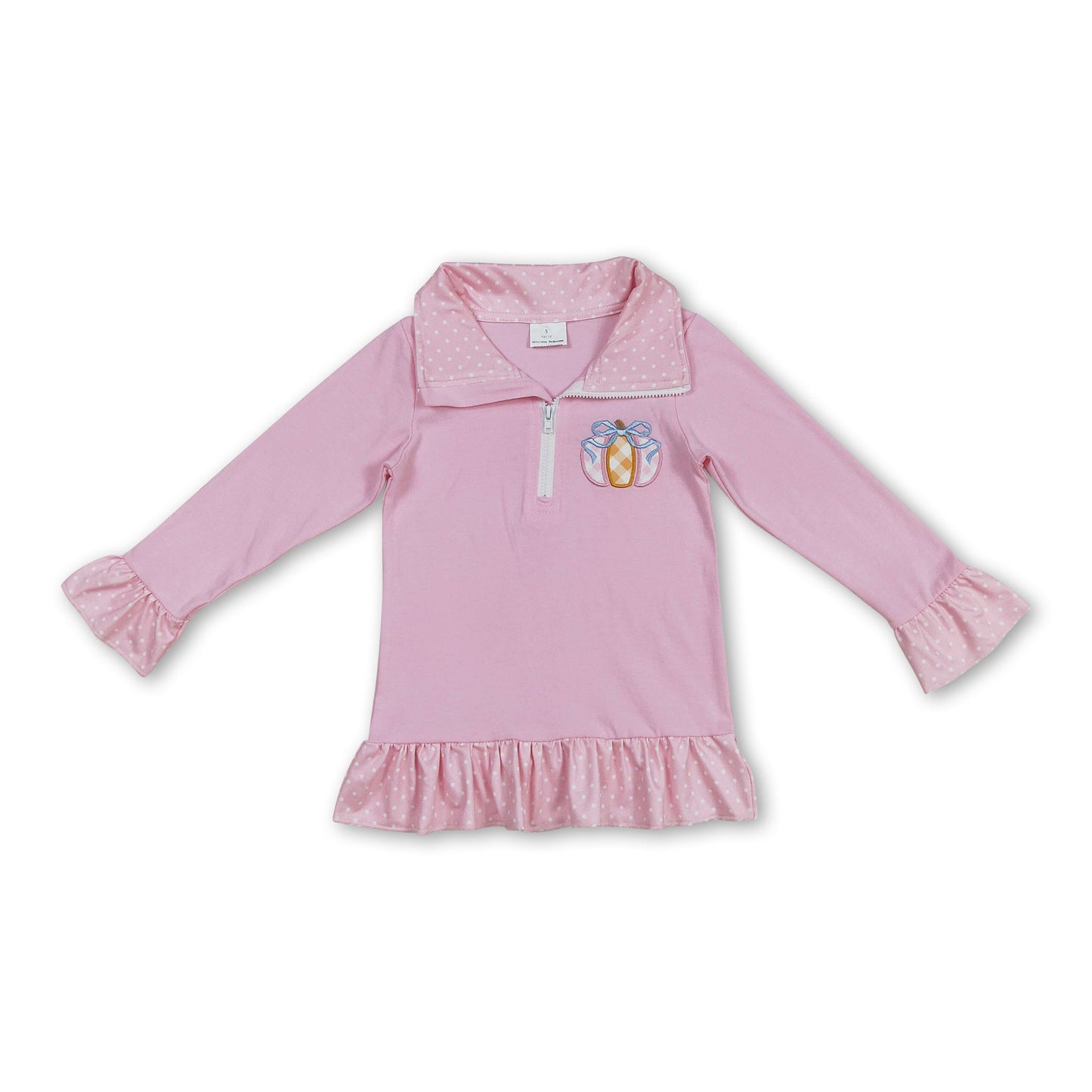 Rosa gepunkteter Kürbis-Bogenrüschen-Kinder-Mädchen-Reißverschluss-Pullover