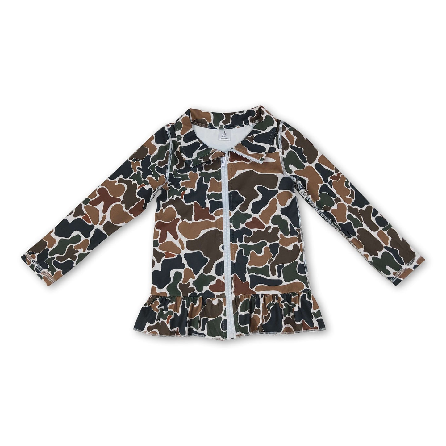 Langärmliges braunes Camo-Rüschen-Reißverschluss-Mädchen-Yoga-Top