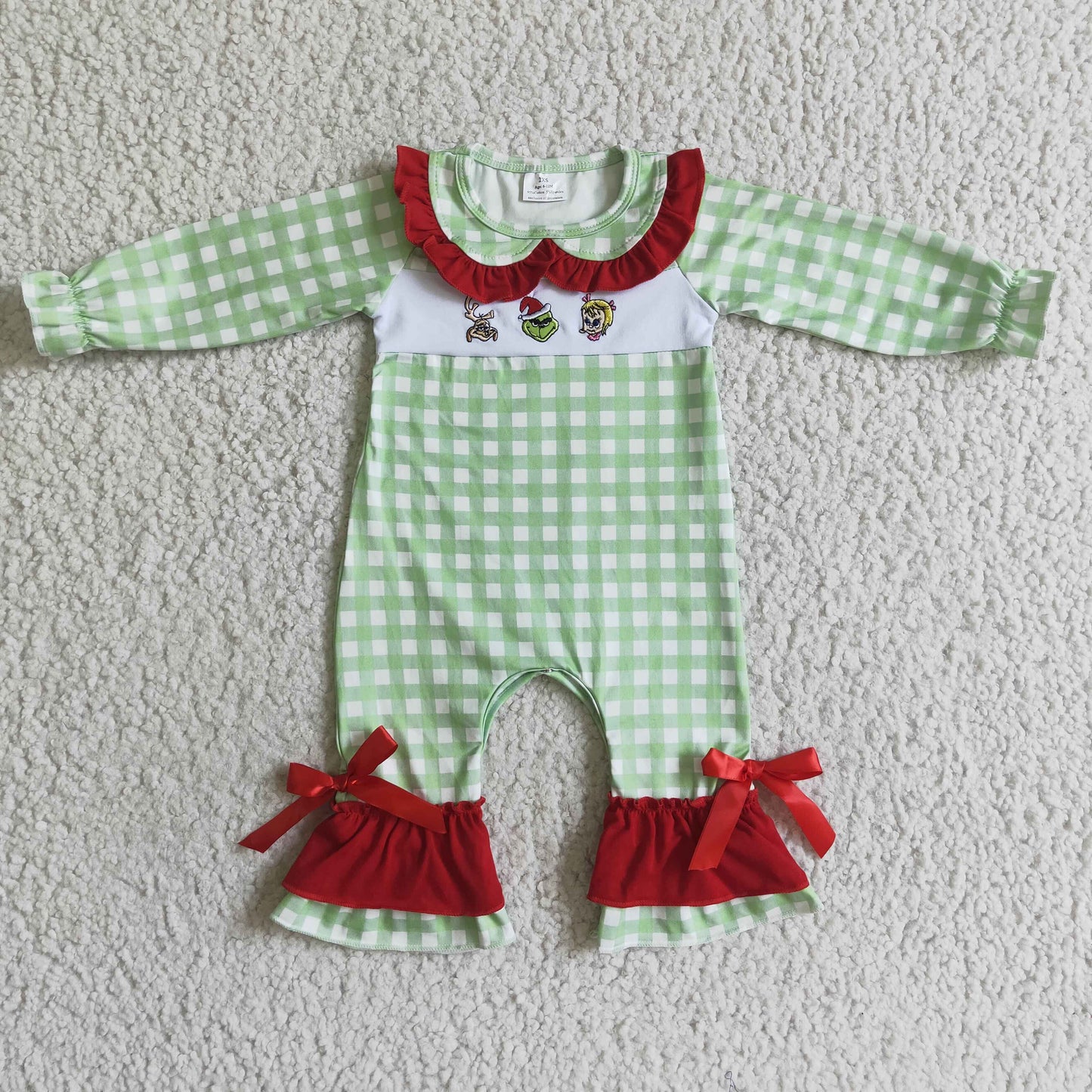 Roter Baumwoll-Strampler mit grünem Gesichts-Stickerei für Baby-Mädchen zu Weihnachten