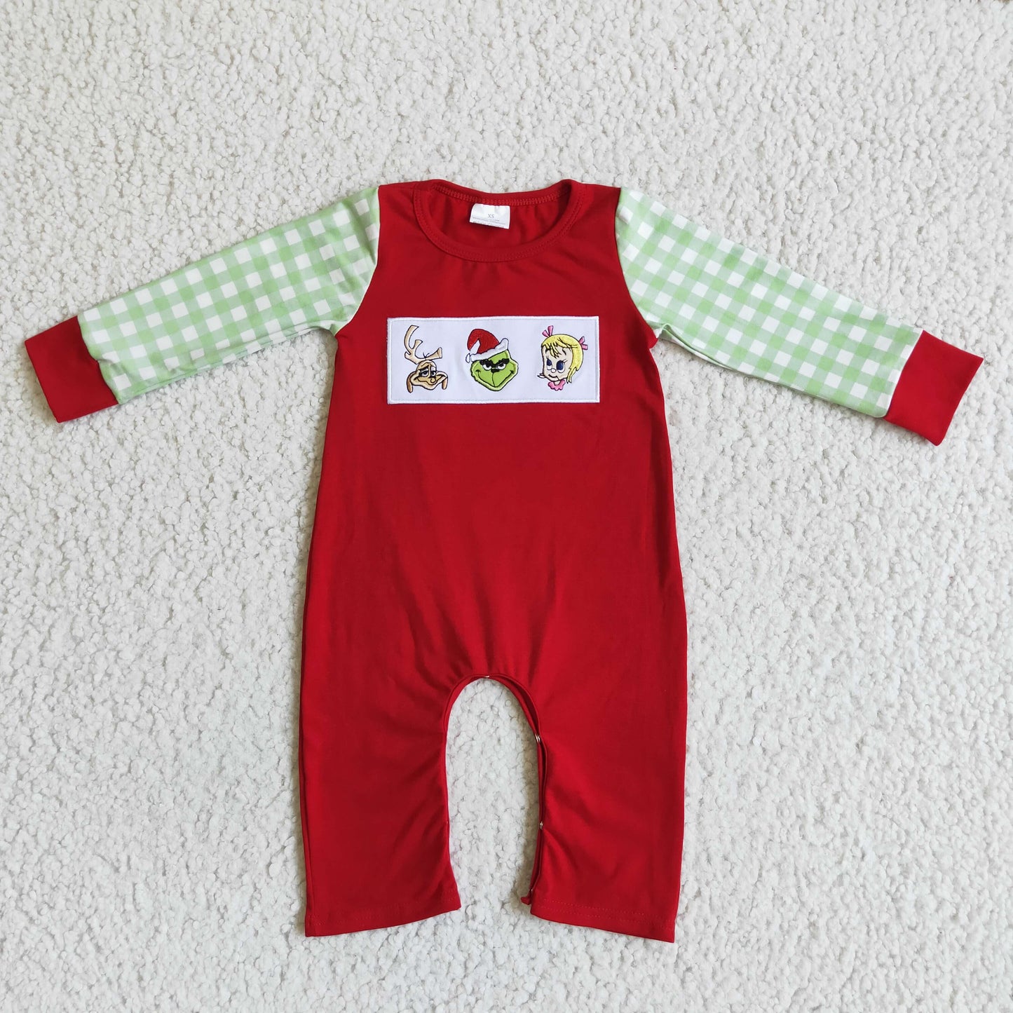 Roter Strampler für Jungen mit grünem Baumwoll-Gesicht-Stickerei zu Weihnachten