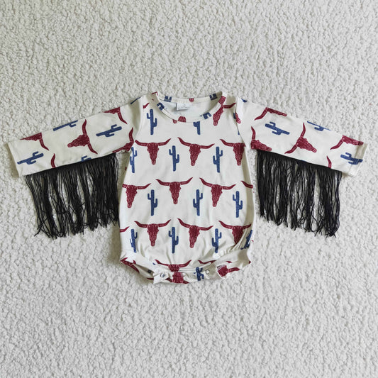 Cow cactus long sleeves tassels baby western romper