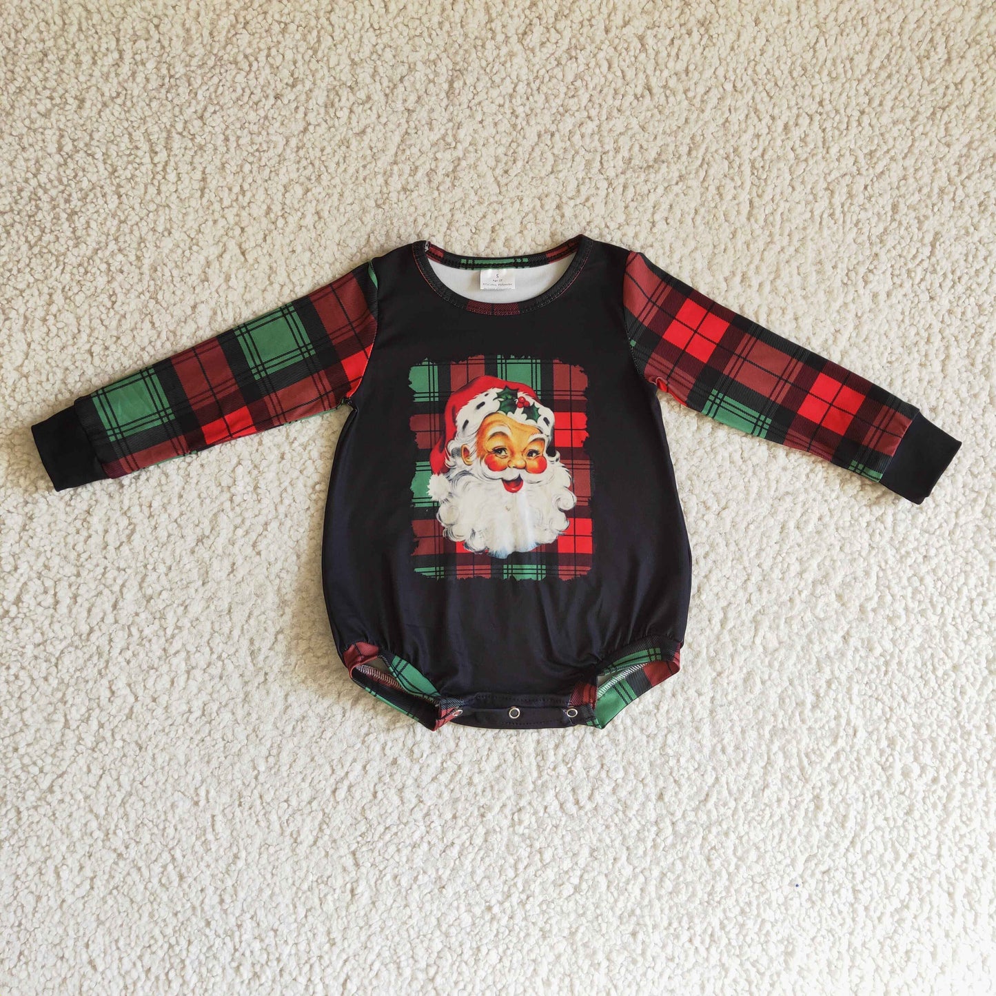 Baby-Mädchen Weihnachts-Strampler mit Schottenkaro und Weihnachtsmann-Druck, langärmlig