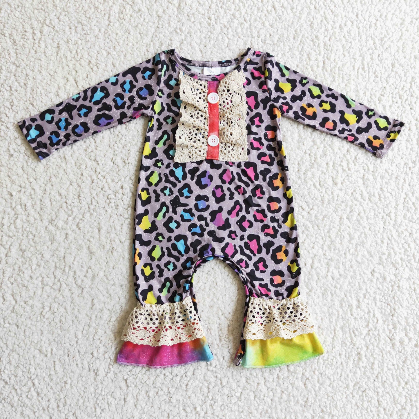 Langärmliger, bunter Leopard-Spitzen-Rüschen-Baby-Strampler