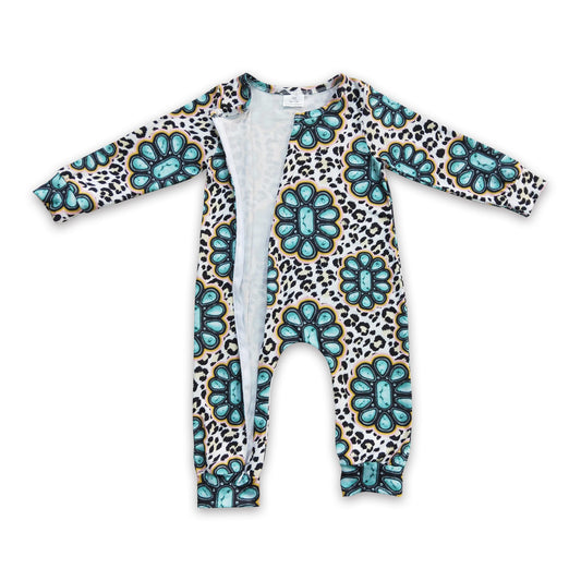 Türkiser Leoparden-Baby-Strampler mit Fuß und Reißverschluss im Western-Stil