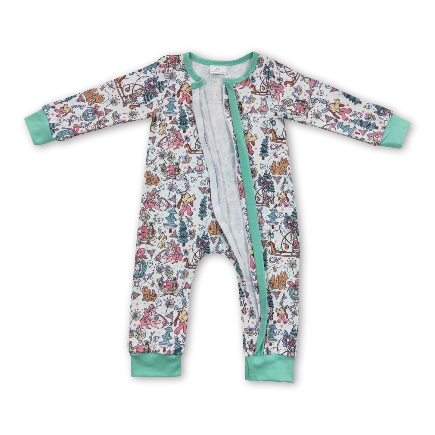 Grüner Strampler für Baby-Mädchen mit langen Ärmeln und Reißverschluss für Weihnachten