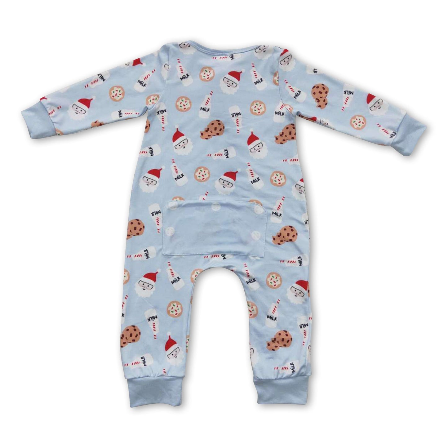 Baby-Jungen-Weihnachts-Strampler in Himmelblau mit Weihnachtsmann, Keks und Milch