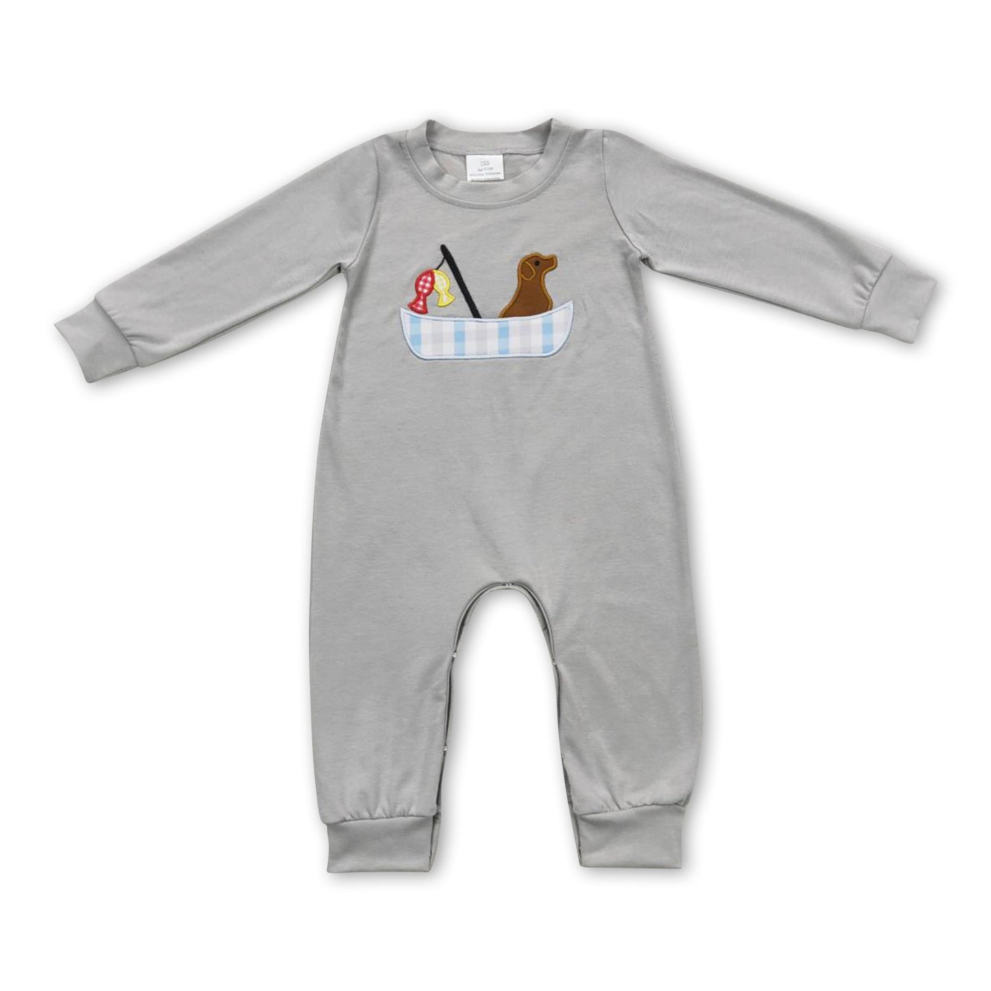 Strampler für Babyjungen, grau, mit Boot- und Fischmuster