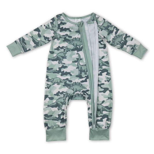 Grüner Dinosaurier Camo Langarm Strampler mit Reißverschluss für Baby Jungen