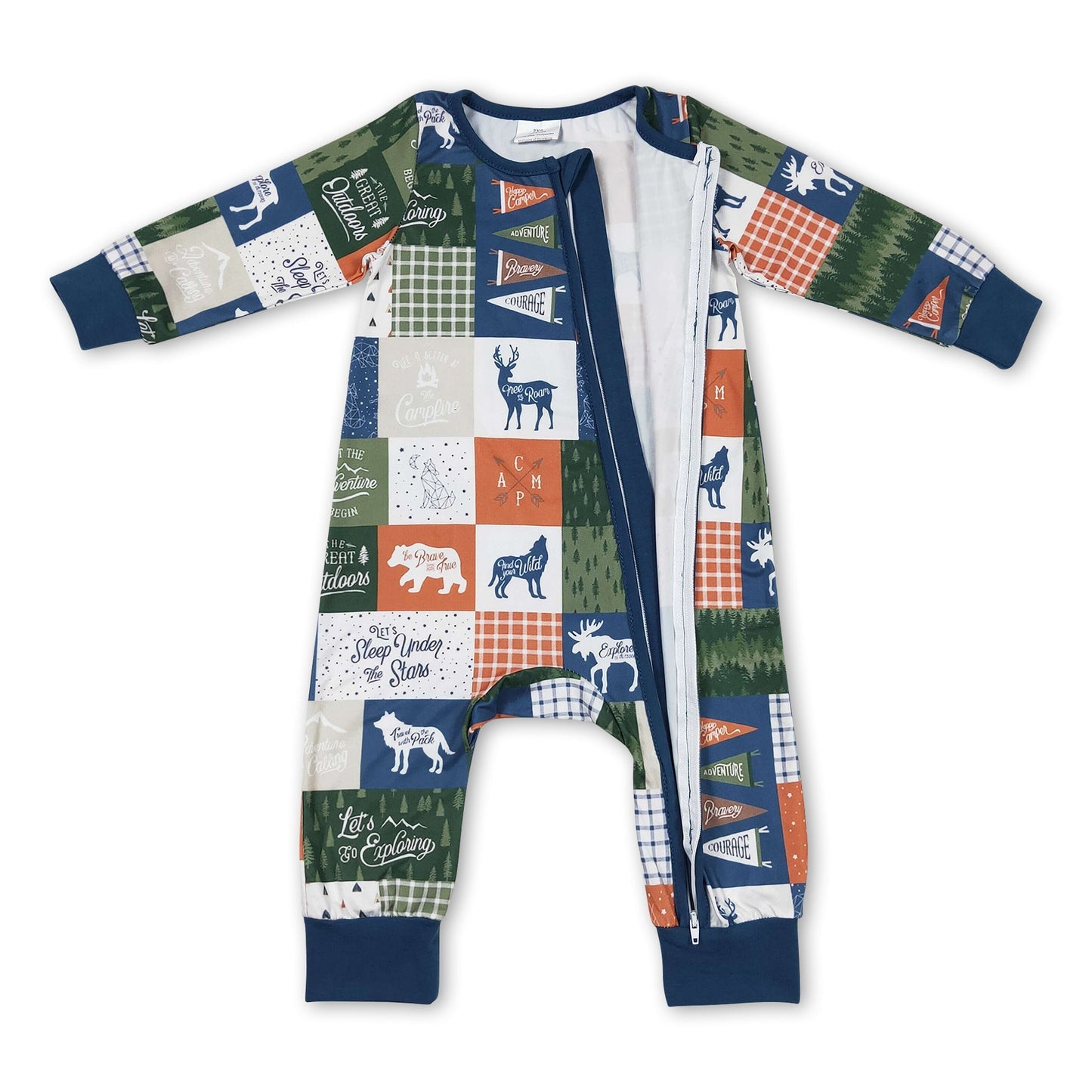 Lass uns Campen gehen Reh Patchwork Baby Kinder Reißverschluss Strampler