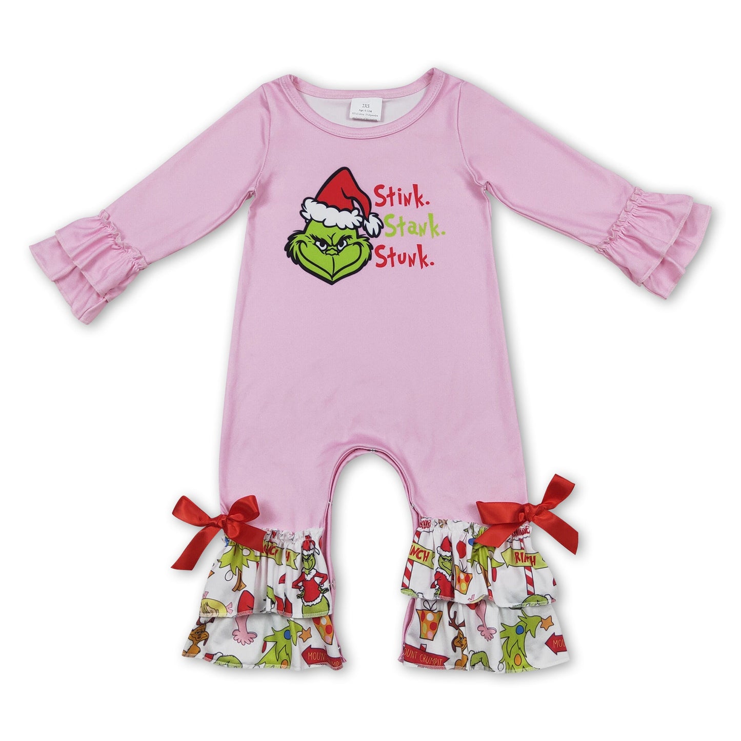 Langärmeliger Strampler für Baby-Mädchen mit pink-grünem Gesicht und Rüschen für Weihnachten