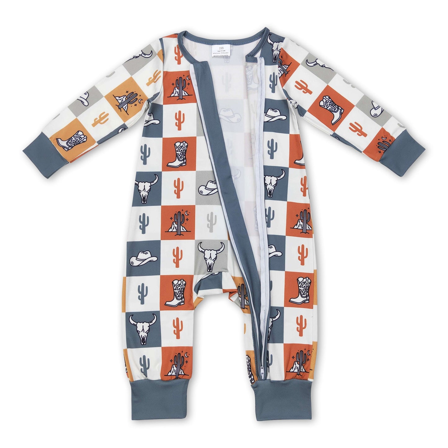 Stierkopf-Kaktus-Stiefel-Karo-Baby-Western-Reißverschluss-Strampler