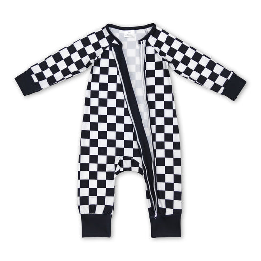 Black plaid long sleeves baby kids zipper romper