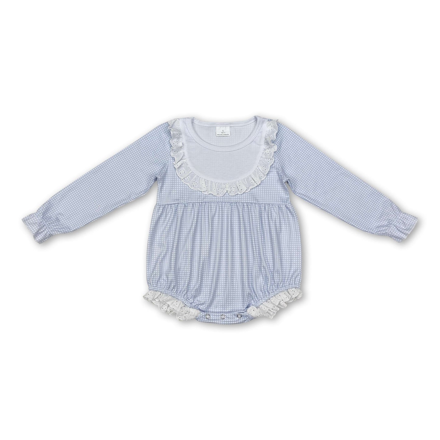 Langärmeliger hellblauer Strampler für Baby-Mädchen mit Rüschen