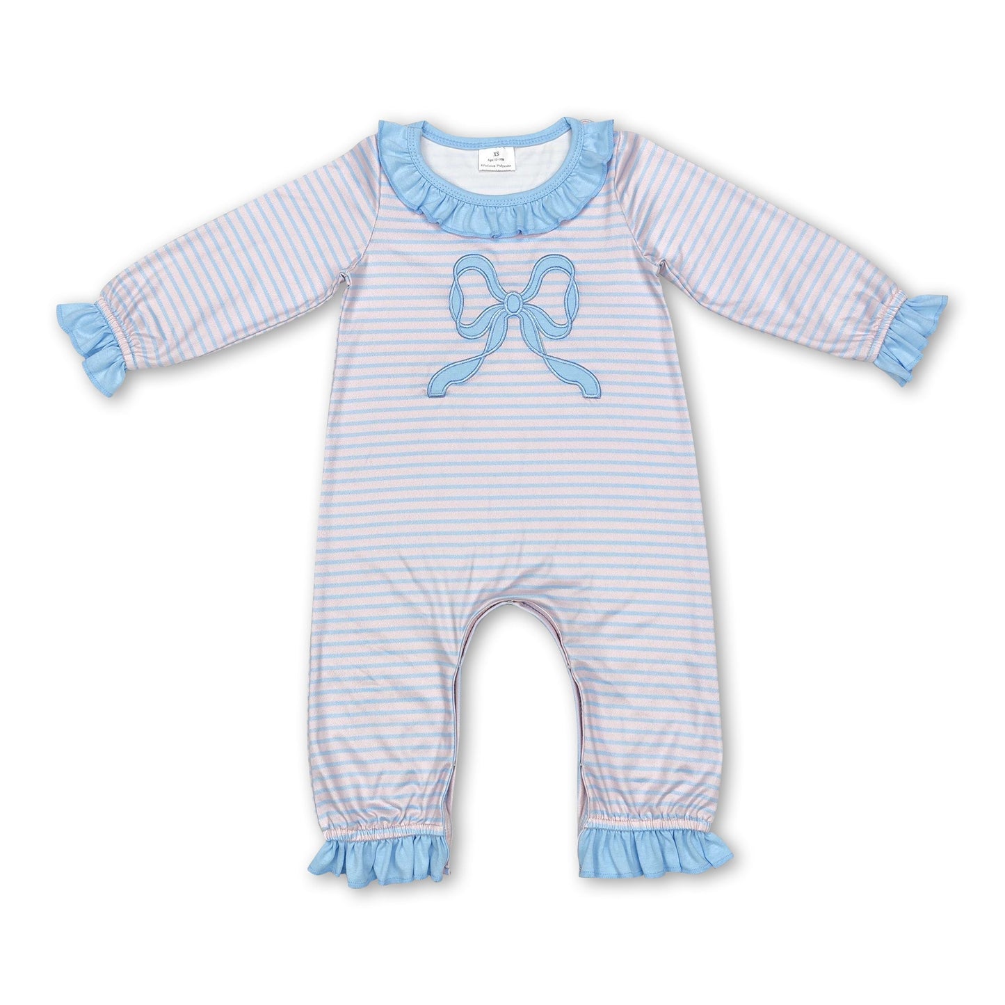 Rüschen Langarm Hellblauer Schleifen-Streifen Strampler für Baby-Mädchen