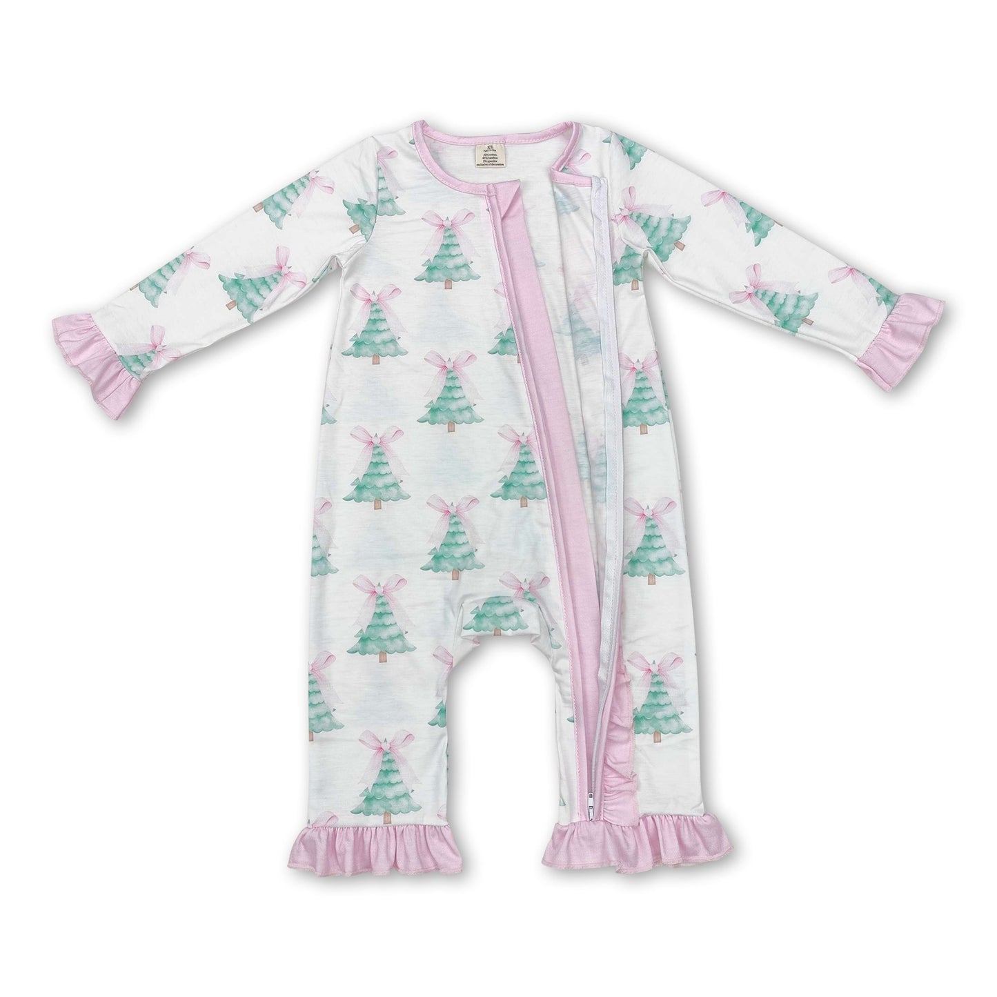 Strampler für Baby Mädchen mit Reißverschluss und rosa Schleife, Weihnachtsbaum-Motiv