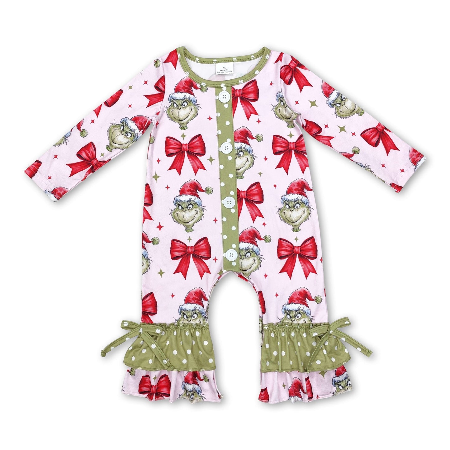 Roter Bogen grünes Rüschen-Baby-Mädchen-Weihnachts-Strampler