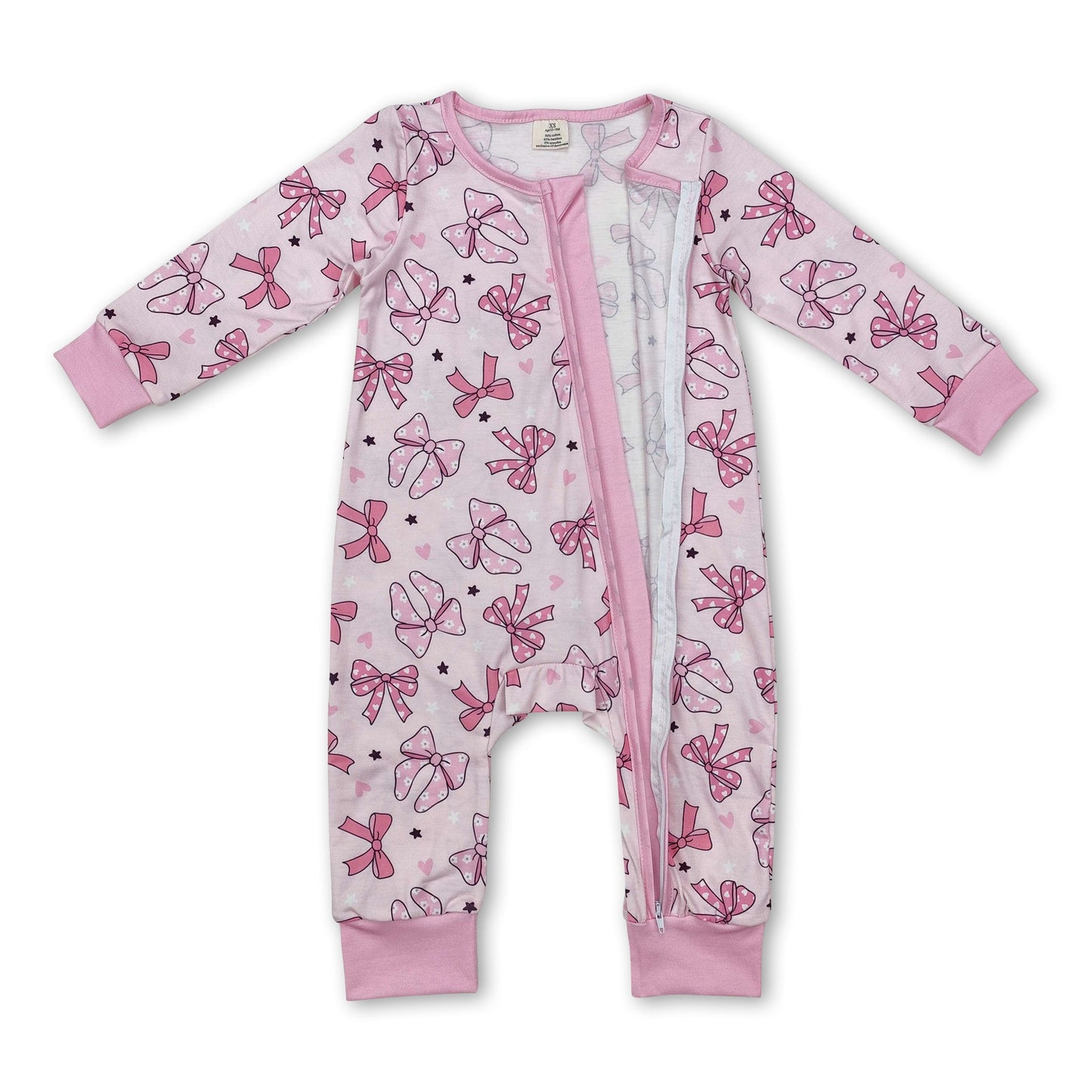 Langarm rosa Schleife Herz Baby Mädchen Schlafanzug mit Reißverschluss