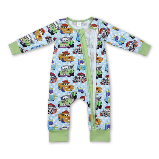 Grüner Langarm-Strampler mit Reißverschluss und Spielzeugautos für Babys und Kinder