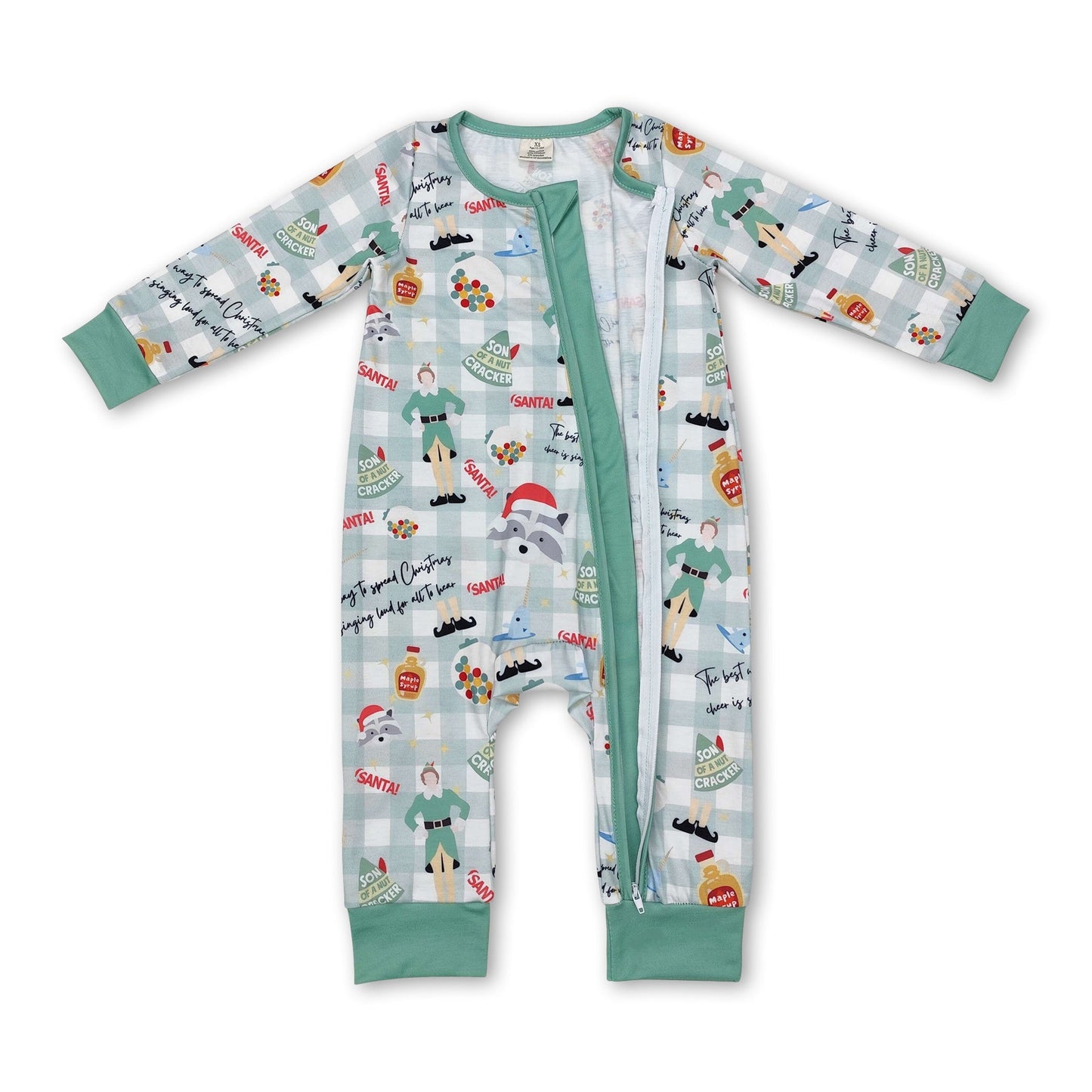Langarm grüner Hut Baby Kinder Weihnachten Reißverschluss Strampler