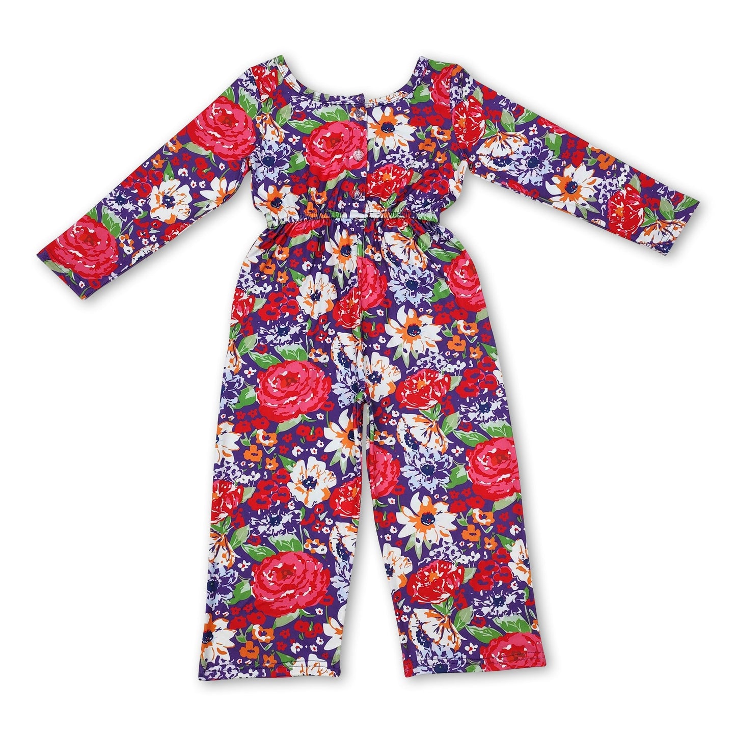 Langärmeliger rot-lila geblümter Overall für kleine Mädchen