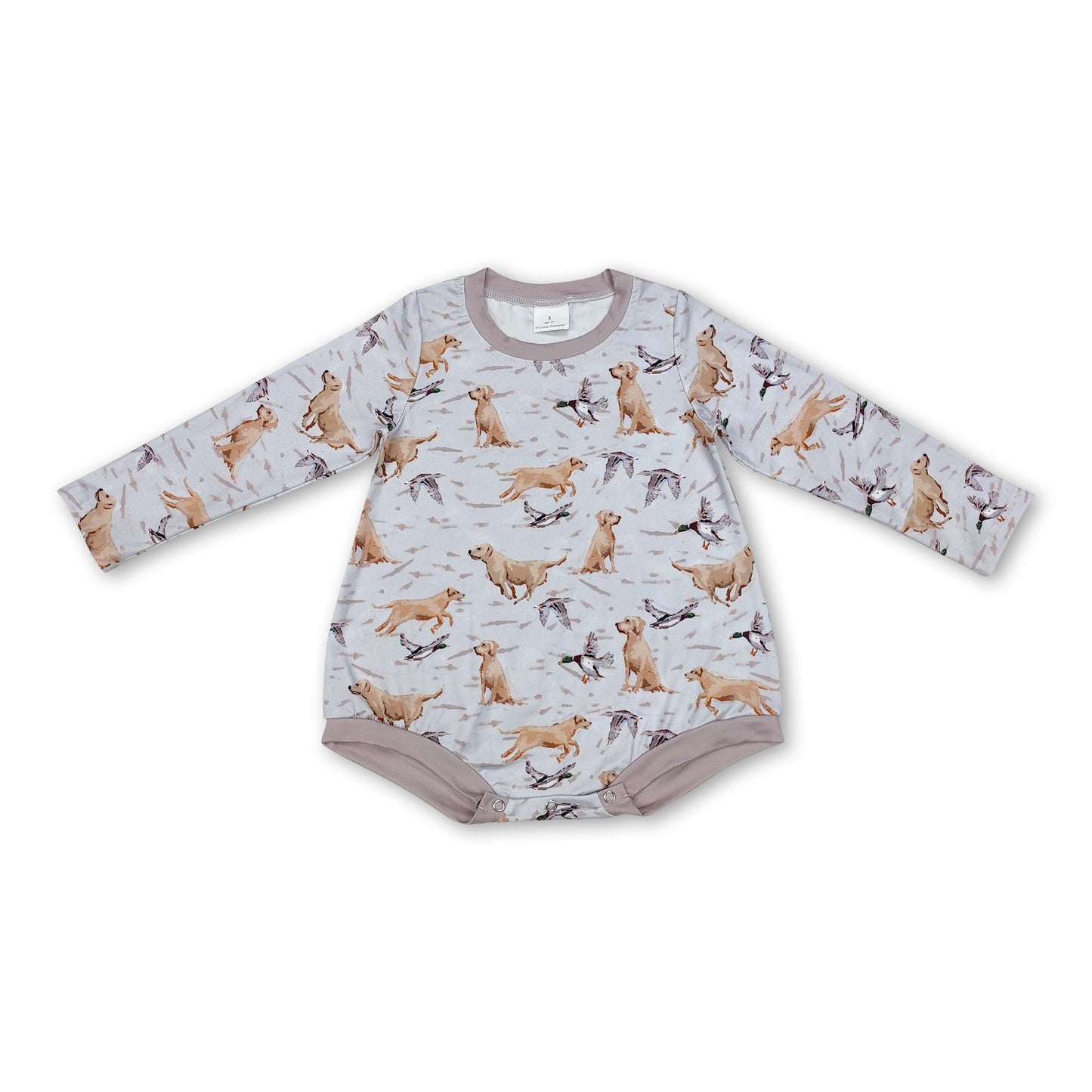 Langarm Strampler für Baby Jungen, Jagdmotiv mit Hund, Ente und Fisch, grau