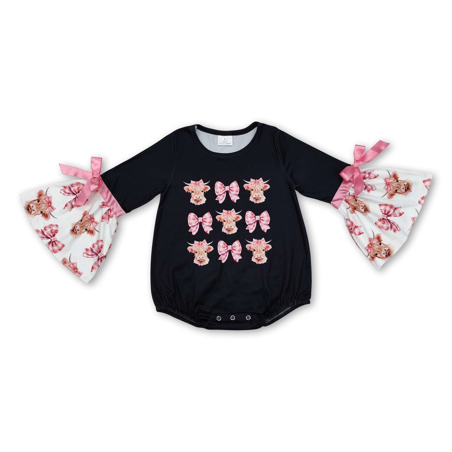 Langarm Highland-Kuh rosa Schleife Baby Mädchen Strampler