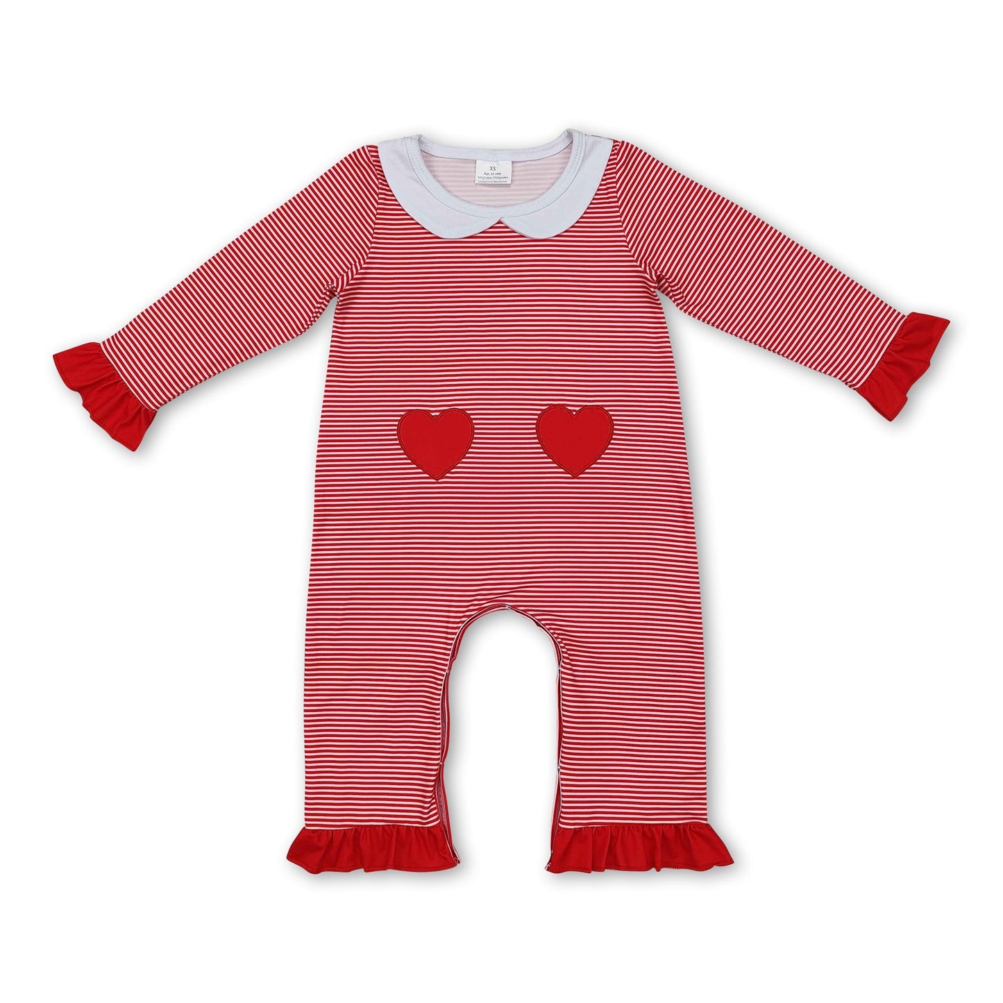 Rot gestreifter Strampler mit langen Ärmeln und Herz-Applikation für Baby-Mädchen zum Valentinstag