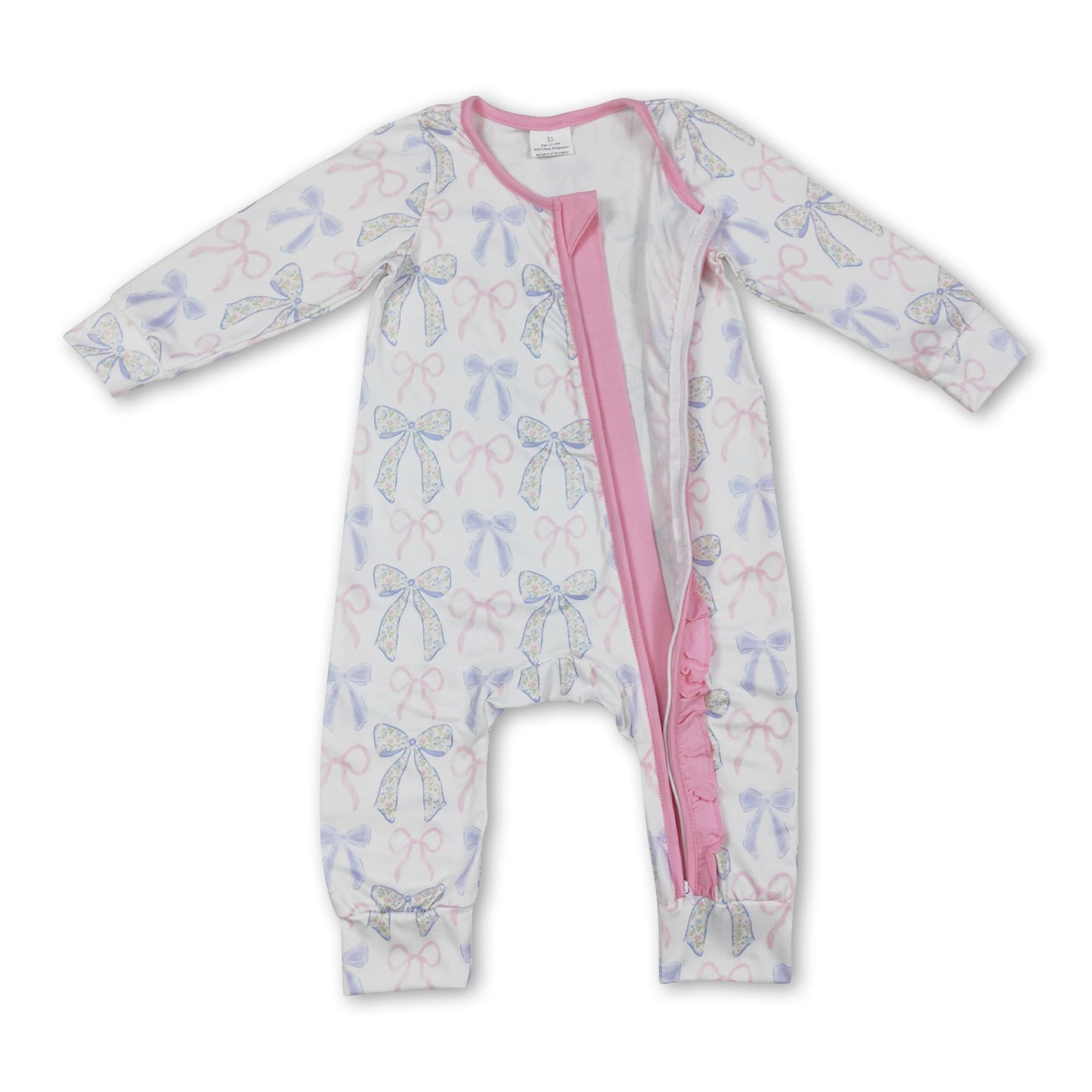 Langarm-Strampler für Baby-Mädchen, rosa, Rüschen, Schleife, Reißverschluss
