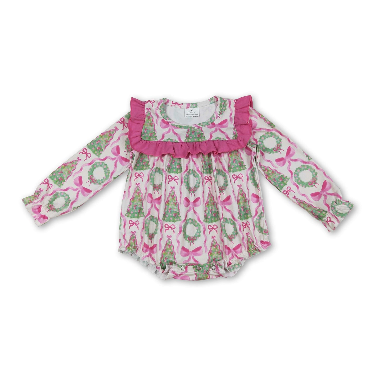Langarm rosa Schleife Weihnachtsbaum Baby Mädchen Strampler