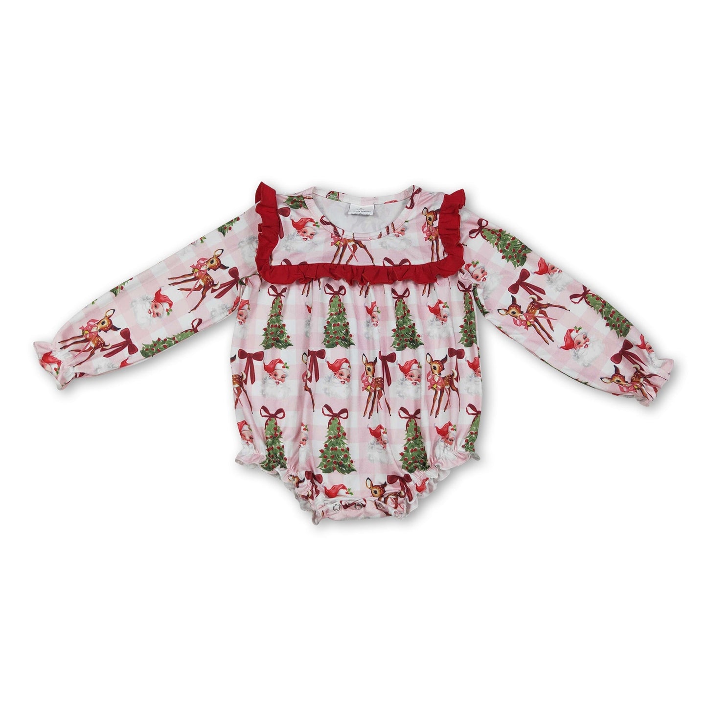 Kariertes Weihnachtsbaum-Schleifen-Nikolaus-Hirsch-Baby-Mädchen-Strampler