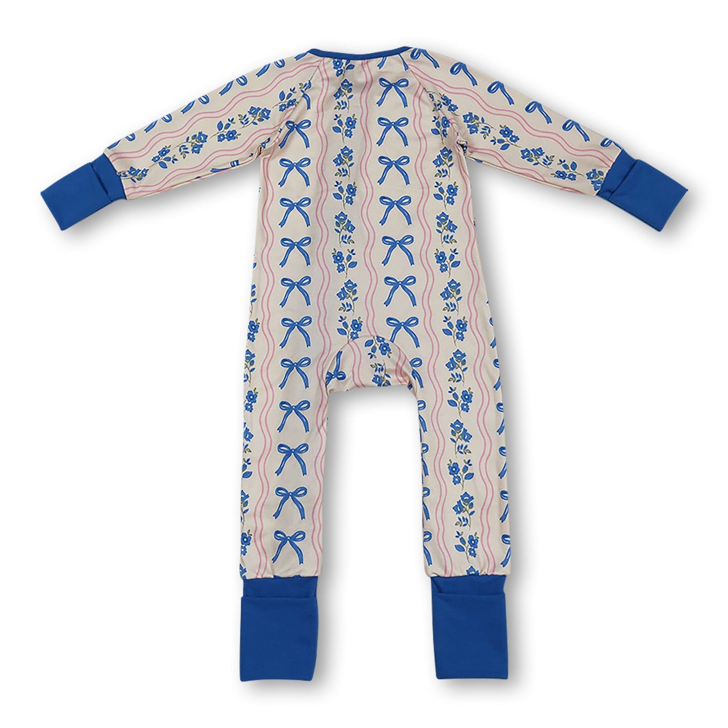 Langärmliger blauer Strampler mit Schleife und Blumenmuster für Baby-Mädchen mit Reißverschluss
