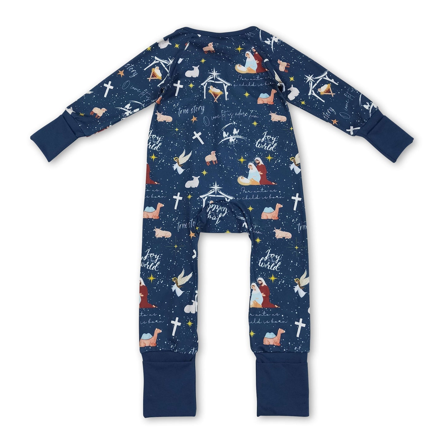 Blauer langärmliger Strampler mit Kreuzmotiv für Babys zu Weihnachten mit Reißverschluss