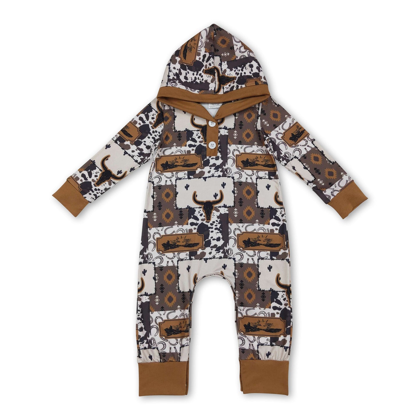 Langarm-Strampler mit Bullenschädel-Kuh-Motiv im Western-Stil für Babyjungen mit Kapuze