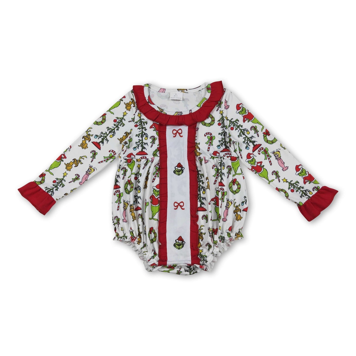 Langarm-Baby-Weihnachts-Strampler mit roter Schleife und grünem Gesicht