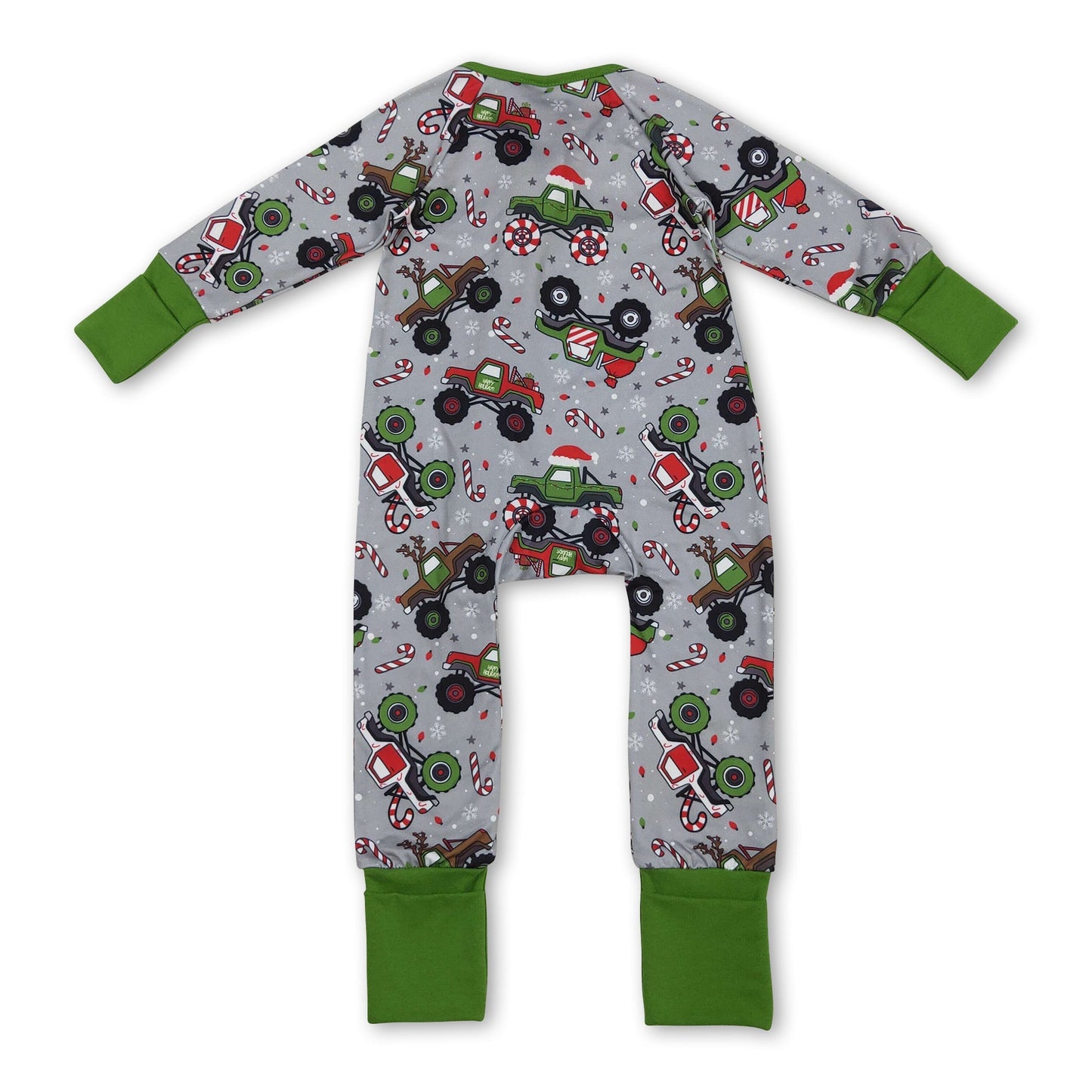 Grüner langärmeliger Weihnachtsmützen-Lkw-Baby-Strampler mit Reißverschluss