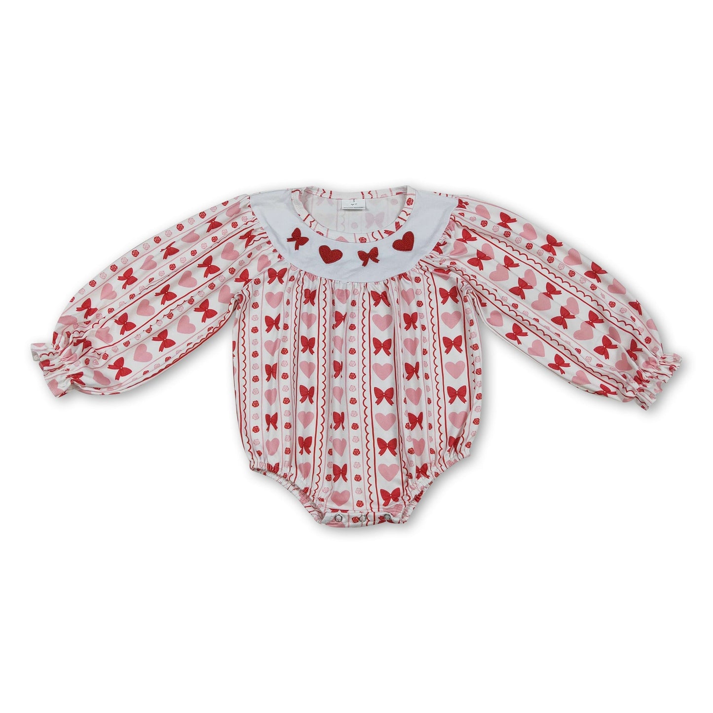 Long sleeves heart bow embroidery girls Valentine's romper