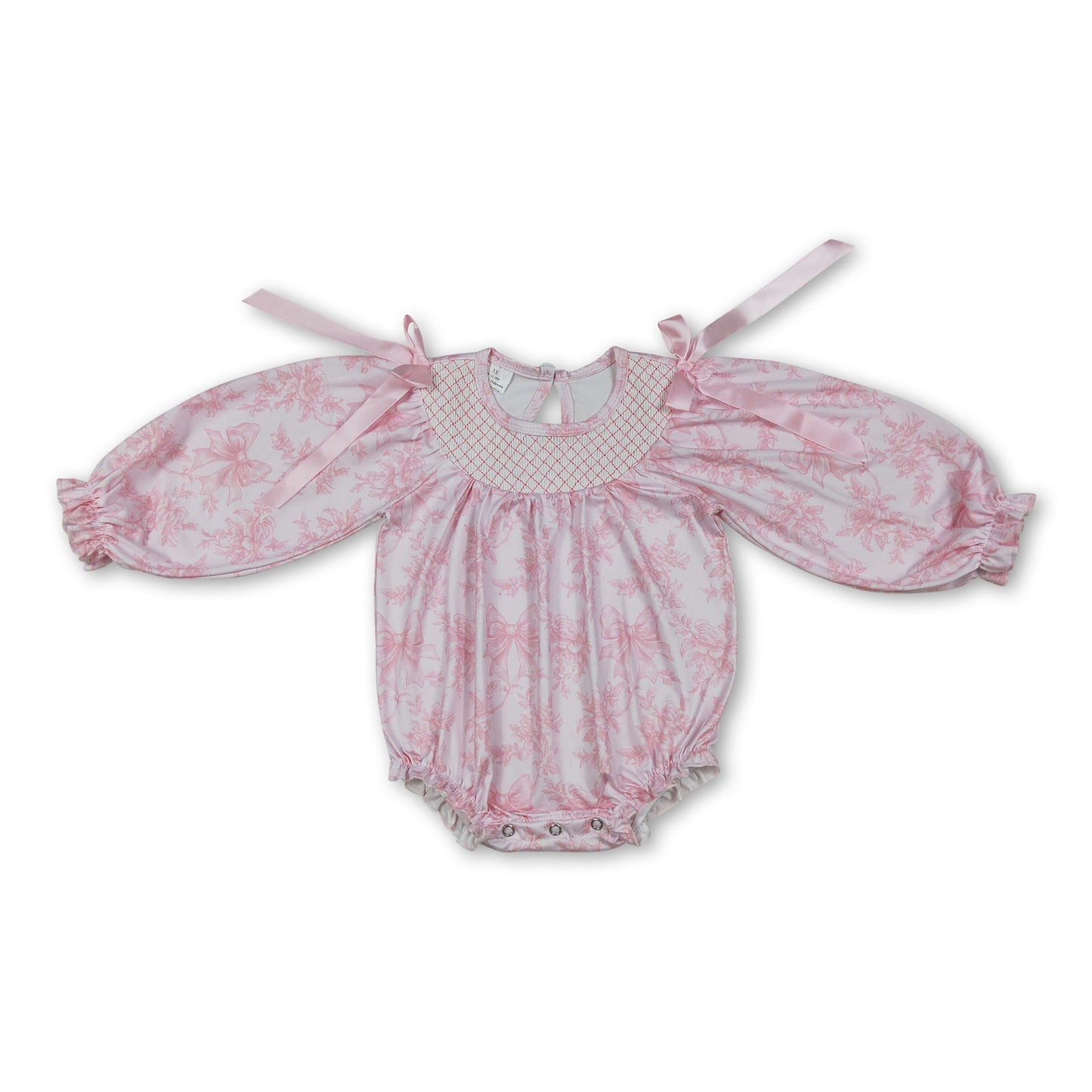 Langärmeliger, rosa, gesmokter Strampler mit Schleifen und Blumenmuster für Baby-Mädchen