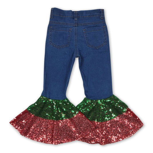 Grüne rote Pailletten-Schlagjeans für Mädchen, Weihnachtsjeans
