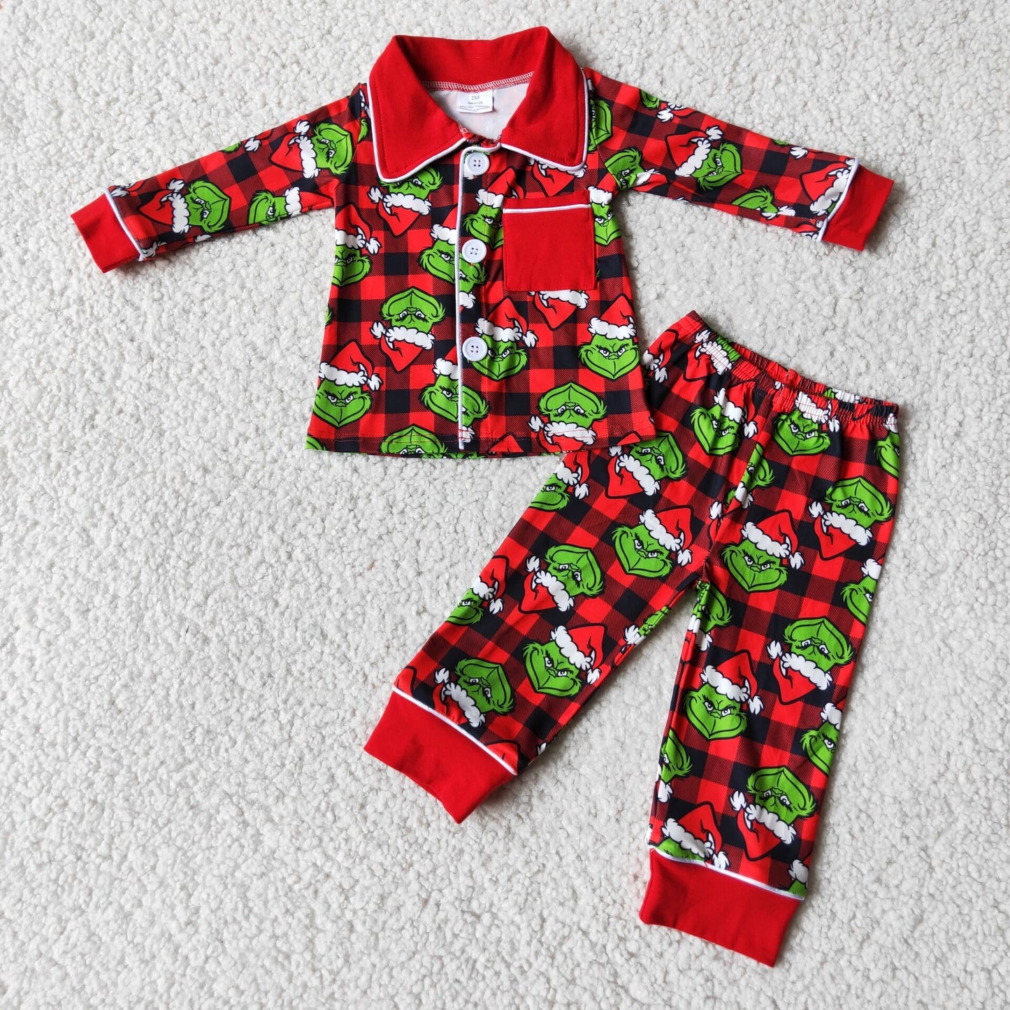Karierte grüne Pyjamas mit Gesichtsaufdruck für Jungen, mit Tasche, für Weihnachten