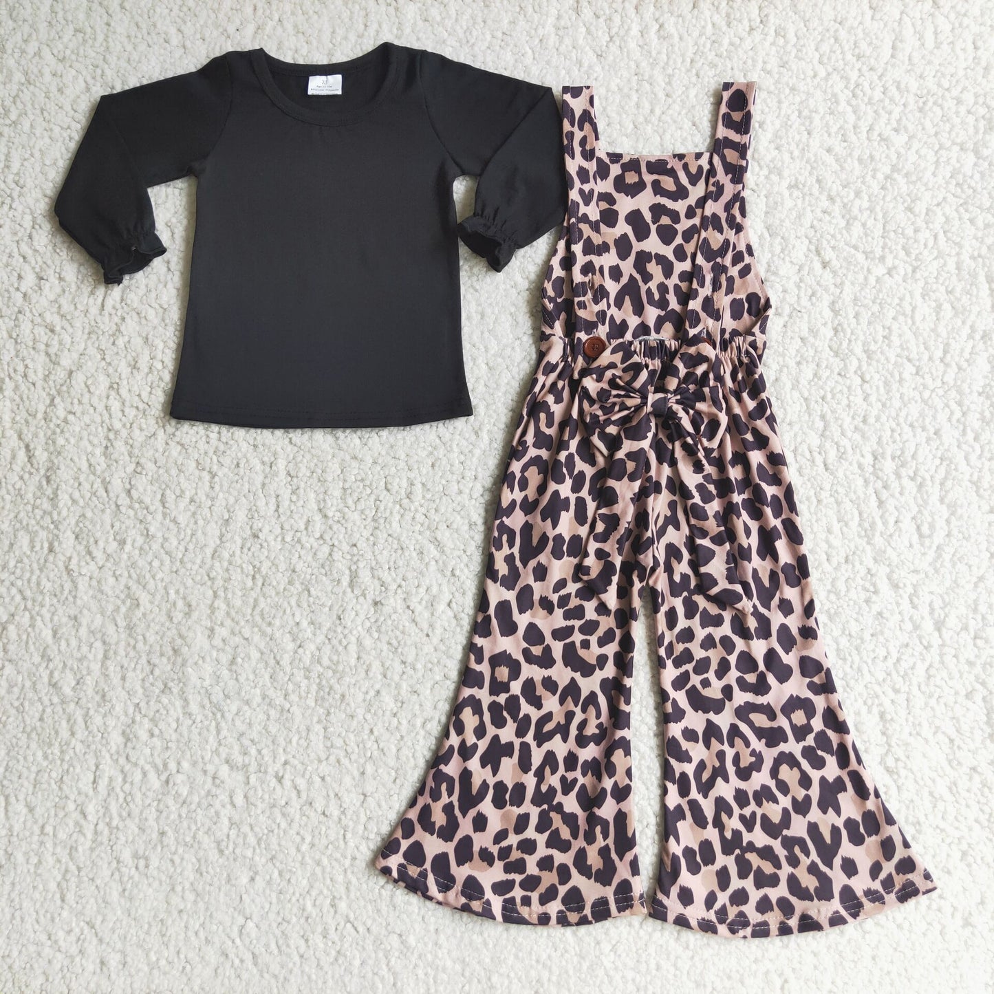 Schwarzes Baumwollshirt Leopardenmuster Overalls Mädchenkleidung