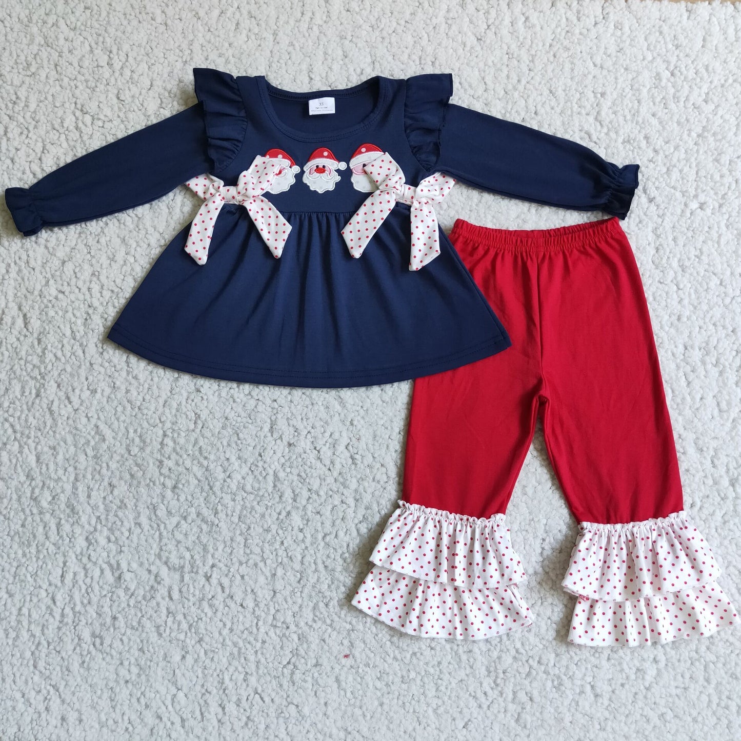 Weihnachtliche Stickerei dunkelblaue Baumwoll-Tunika-Hose Mädchen Weihnachtsoutfits