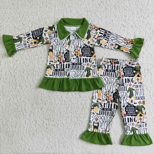 Grüner Rüschen-Langarm-Pyjama „Naughty and Nice“ für Mädchen zu Weihnachten