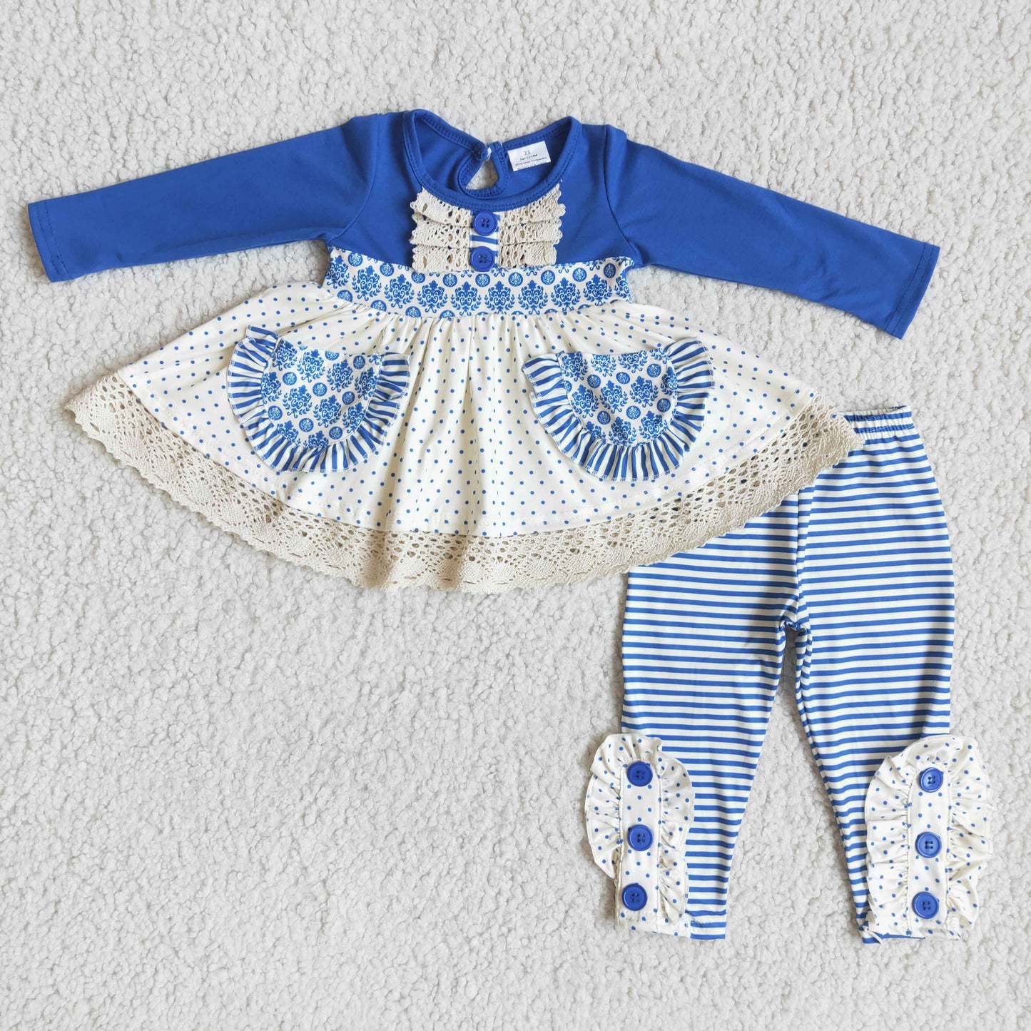 Blaues Taschentunika-Wirbelkleid Mädchen Boutique Herbst-Set