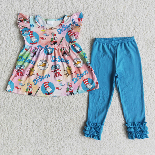 Flutter sleeve cat shirt blue icing ruffle pants girls boutique clothes