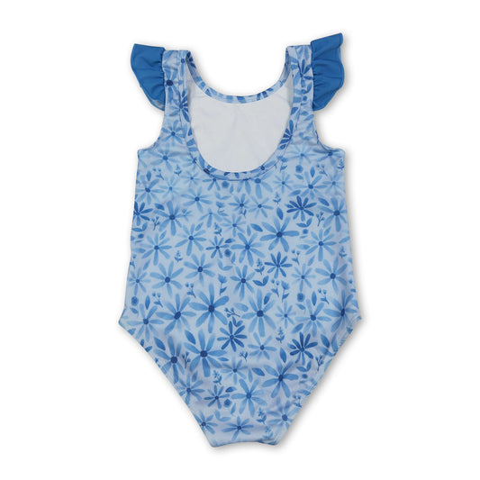 Blue flutter sleeves floral baby girls summer swimsuit
