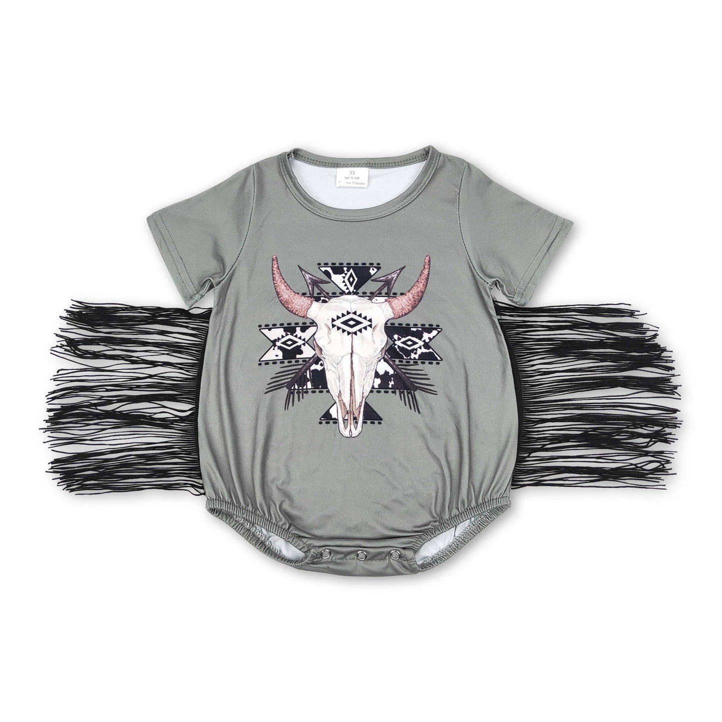 Kurzarm-Strampler für Mädchen im Western-Stil mit olivfarbenem Stierschädel und Quasten