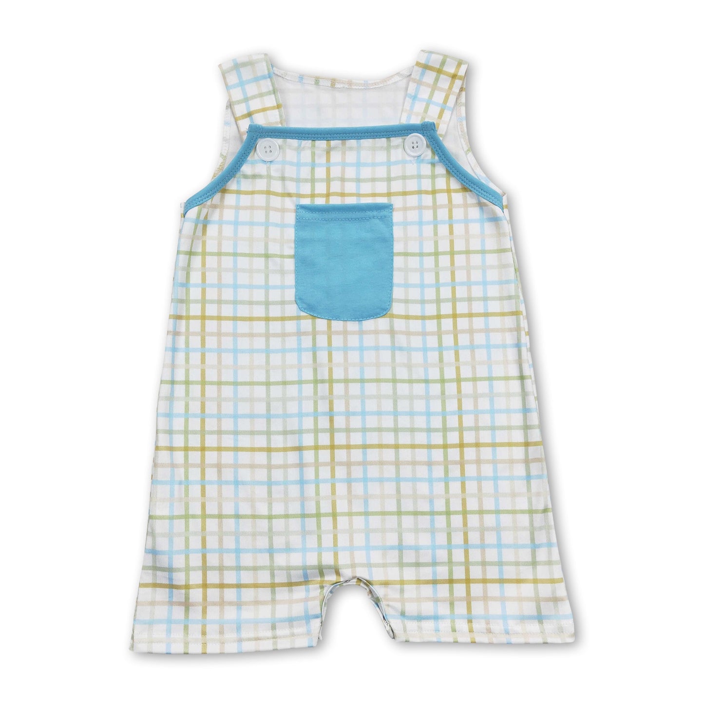 Grün-blau karierter Strampler mit Taschen und langen Ärmeln für Babys