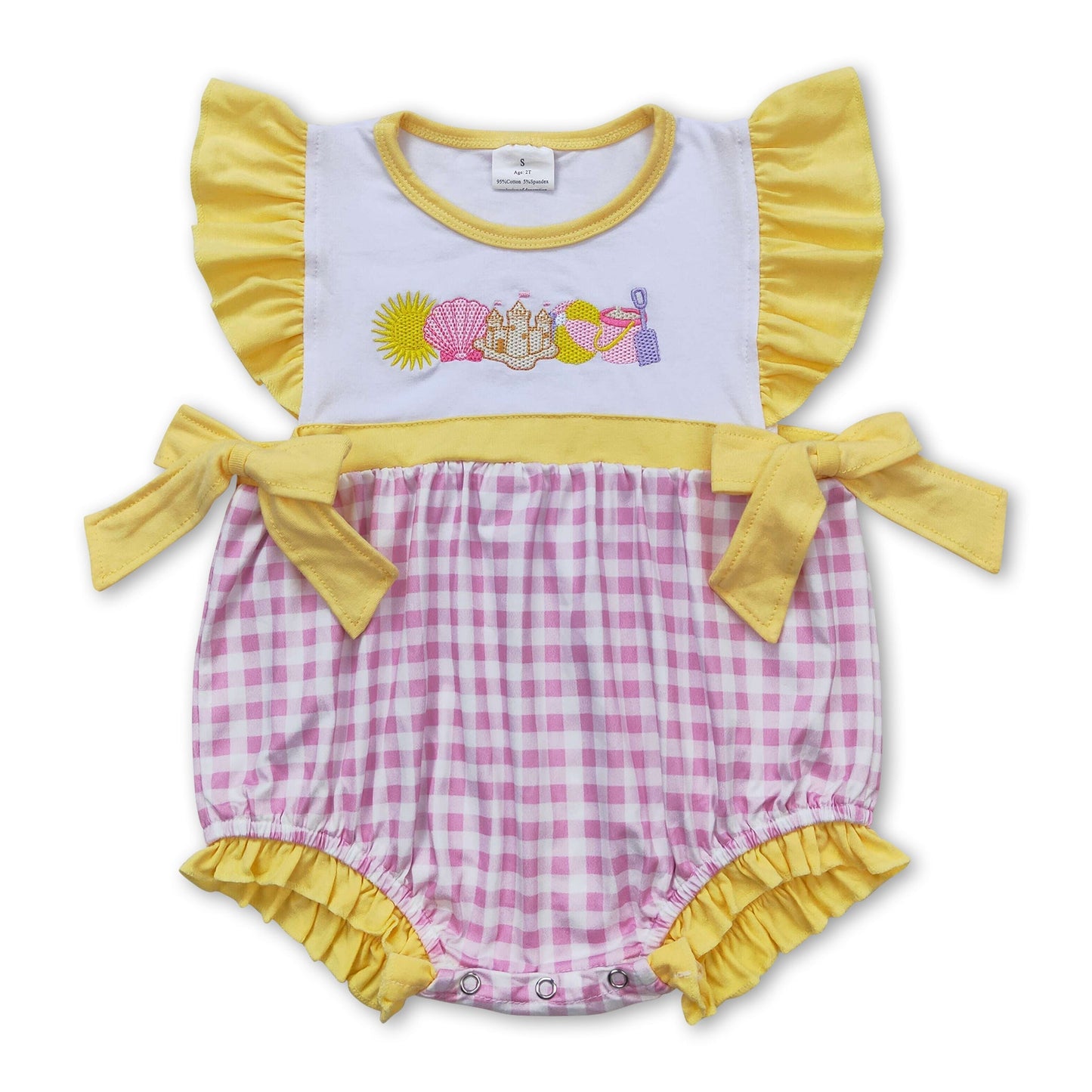 Romper für Babymädchen, gelb-rosa kariert, mit Rüschenärmeln, Strandmode